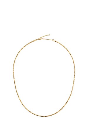 Collier délicat en chaîne d'or avec fermoir mousqueton et petite extension réglable sur fond blanc.