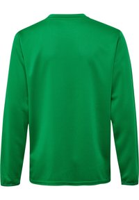 Chemise à manches longues de couleur vert vif, en tissu lisse et léger. Présente un col rond simple et des coutures renforcées.