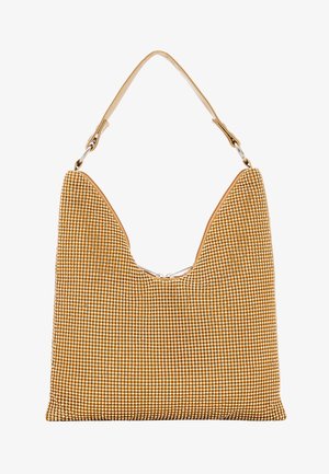 Guldrandede håndtaske med en blød, struktureret form, der har en glat læderrem og en lynlåslukning på toppen.