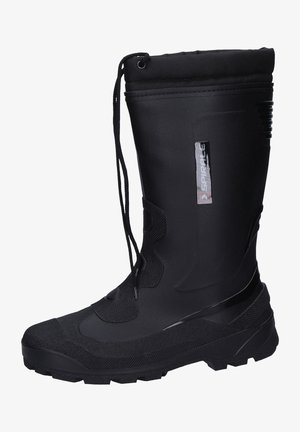 Black waterproof winter boot with a mid-height design, textured rubber sole, reinforced toe, and adjustable lace closure at the top.
