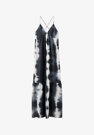 Vestido largo maxi sin mangas con estampado tie-dye en blanco y negro y delgadas tirantas cruzadas en los hombros.