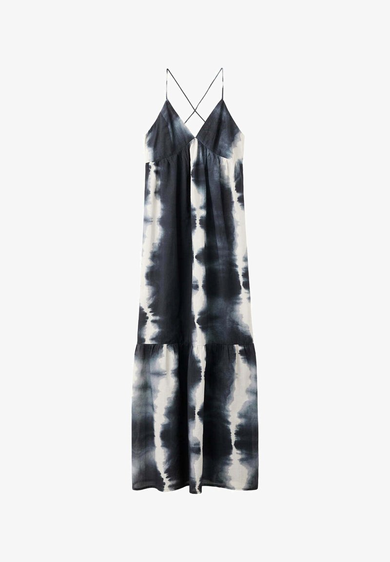 Longue robe maxi sans manches avec motif tie-dye noir et blanc et fines bretelles croisées.
