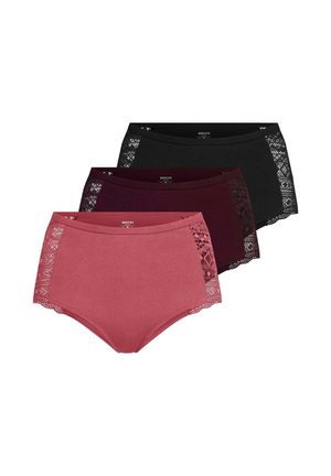 Set van drie dames slips met hoge taille in roze, bordeauxrood en zwart, elk voorzien van kanten inzetstukken aan de zijkanten.