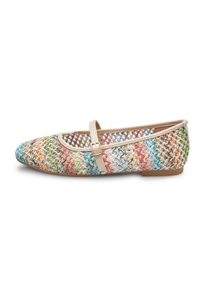Colorful woven flat shoe featuring a mesh design with a rounded toe, a slender strap with a buckle, and a beige sole.