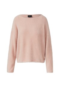 Pull rose, au tissu doux, avec des manches longues et un col large. Présente un petit logo sur l'ourlet. Coupe décontractée et ample.