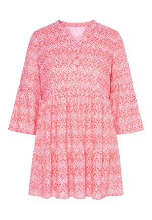 Langärmliges Kleid mit pinkem und weißem Muster, V-Ausschnitt und gestuftem Rock, mit einer lockeren, fließenden Silhouette.