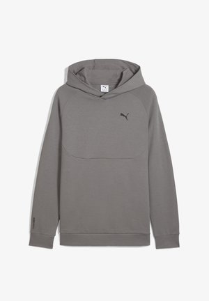 Szara sweatshirt z kapturem, z kieszenią typu kangur i czarnym logo Pumy na piersi. Wykonana z miękkiego materiału, z ściągaczami przy mankietach i u dołu.
