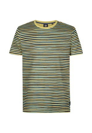 T-shirt med striber i horisontale linjer i gul, blå og sort. Lavet af bomuldsmateriale med rund hals og korte ærmer.