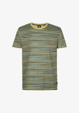 Koszulka w paski z poziomymi liniami w kolorze żółtym, niebieskim i czarnym. Wykonana z bawełny, z okrągłym dekoltem i krótkimi rękawami.