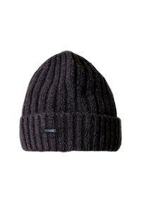 Gorro de punto negro con canalé y orilla doblada, con una pequeña etiqueta rectangular de metal en la orilla, sobre fondo blanco.