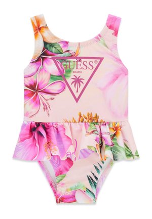 Różowy, kwiatowy jednoczęściowy strój kąpielowy dla dziewczynek z marszczonym stanem i logo GUESS Beach z palmą z przodu.