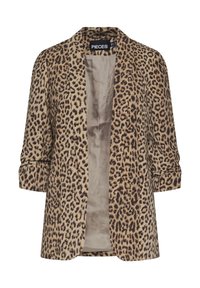 Blazer ouvert imprimé léopard avec manches trois-quarts et doublure intérieure beige lisse, étiqueté Pieces.