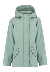 Light green waterproof jacket with a hood, featuring a front snap closure, two angled side pockets, and a smooth, matte finish.