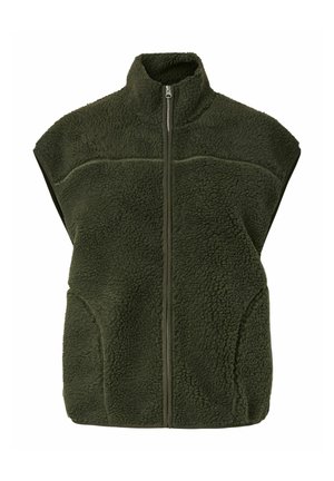 Tume roheline ilma varrukateta fliiskam, kõrge krae ja esitasku lukuga, millel on tekstuuriga pehme kangas ja küljetaskud.