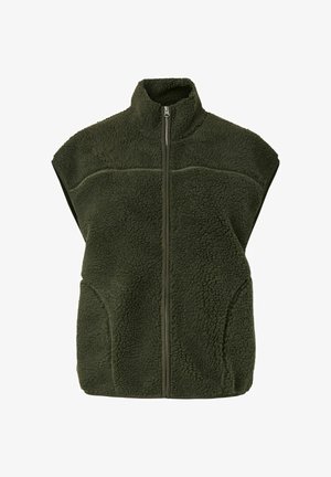 Tume roheline ilma varrukateta fliiskam, kõrge krae ja esitasku lukuga, millel on tekstuuriga pehme kangas ja küljetaskud.