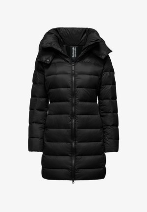 Schwarze Daunenjacke mit hohem Kragen, durchgehendem Reißverschluss und Druckknopf-Akzenten. Verfügt über ein gestepptes Design und eine Kapuze für zusätzliche Wärme.