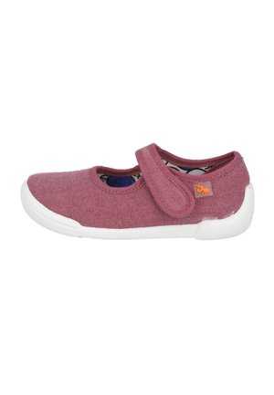 Zapato Mary Jane de tela rosa para niños con suela de goma blanca y cierre de velcro, con un pequeño logotipo de hormiga naranja en el lateral.