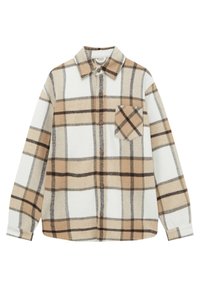 Camicia a quadri marrone e beige realizzata in tessuto morbido, con maniche lunghe, colletto, chiusura a bottoni e una tasca sul petto con un motivo a scacchi.