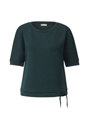 Dunkelgrüner Kurzarm-Pullover aus weichem Stoff, mit Rundhalsausschnitt und einem Kordelzugdetail am Saum für eine verstellbare Passform.