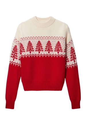 Pull en maille rouge et crème avec un motif d'arbre sur la poitrine, col rond côtelé, poignets côtelés, coupe courte et texture douce.