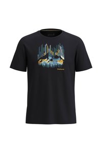 Zwart T-shirt met een bergafbeelding in blauw, geel en wit. Korte mouwen, ronde hals, gemaakt van zachte stof. "Smartwool" logo aan de onderkant.