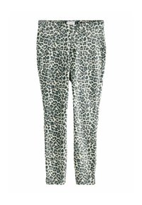 Leopard-print leggings in a stretchy fabric. Features a fitted shape, with a light beige base and dark gray spots throughout.