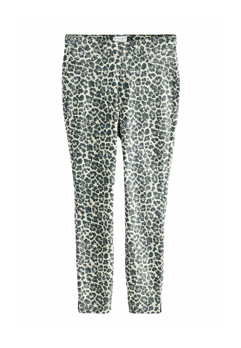 Leopard-print leggings in a stretchy fabric. Features a fitted shape, with a light beige base and dark gray spots throughout.