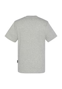 T-shirt grigio a maniche corte realizzato in tessuto morbido, con scollatura a girocollo e una piccola etichetta sul lato sinistro vicino all'orlo.