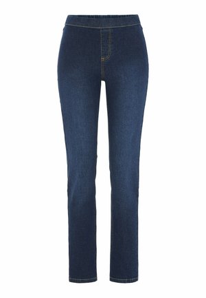 Dunkelblaue Jeans mit geradem Bein, elastischem Bund und kontrastierenden Nähten, Vorderansicht auf weißem Hintergrund.