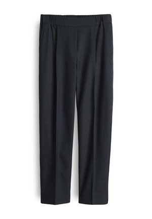 Dunkelgraue Hose mit lockerer Passform, aus glattem Stoff. Mit elastischem Bund und geradem Bein Design, ohne sichtbare Taschen.