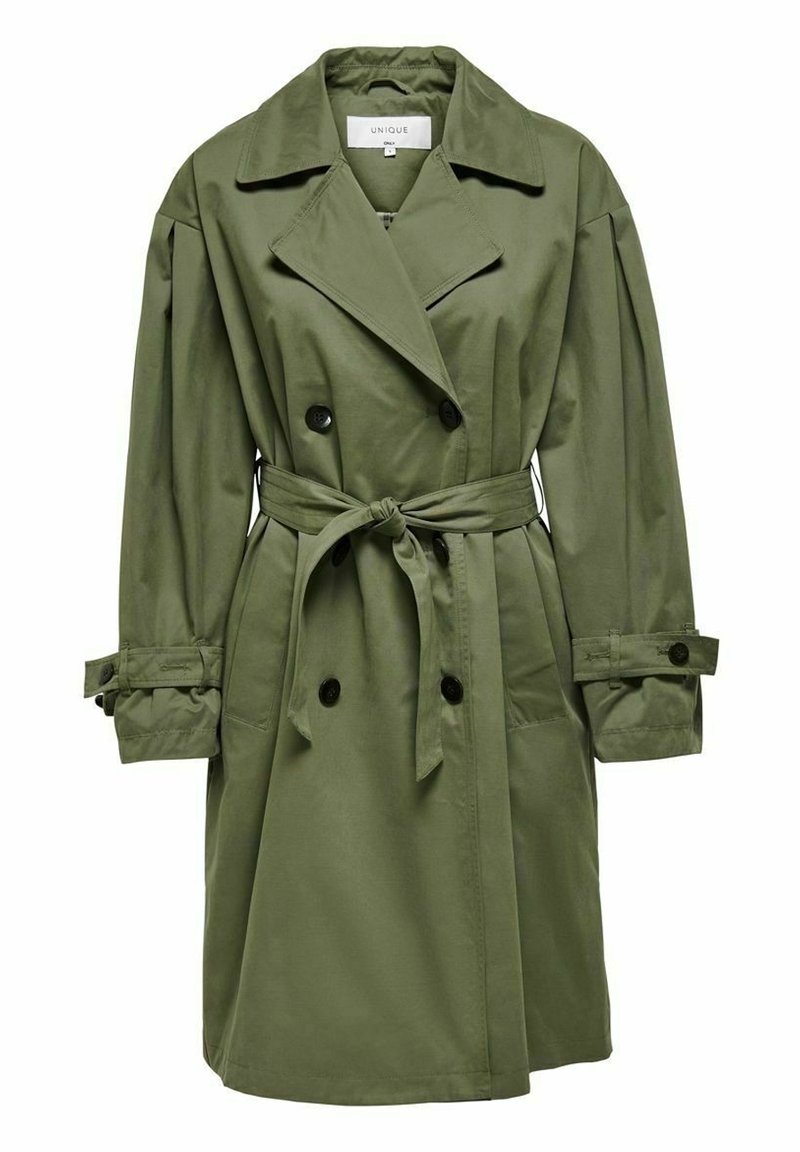 Olive green trench coat with a double-breasted front, belt at the waist, buttoned cuffs, and two side pockets. Smooth fabric texture.