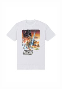 Wit katoenen t-shirt met een grafische print uit "The Empire Strikes Back", met daarop personages, een lichtzwaard en ruimteschepen.