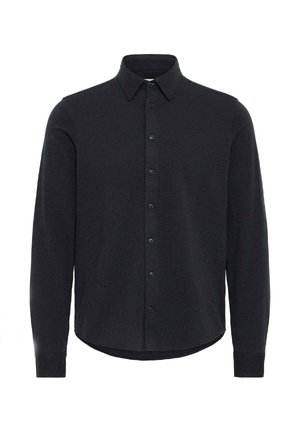 Zwarte langemouwen shirt gemaakt van textuurstof, met een klassieke kraag en knoopsluiting aan de voorkant met een gebogen zoom.