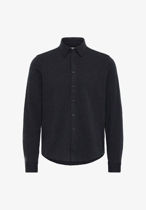 Zwarte langemouwen shirt gemaakt van textuurstof, met een klassieke kraag en knoopsluiting aan de voorkant met een gebogen zoom.