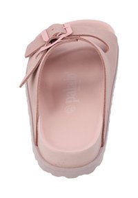 Pink slide sandal made of soft material, featuring a simple strap and buckle detail. Smooth texture with a round, open-toe design.