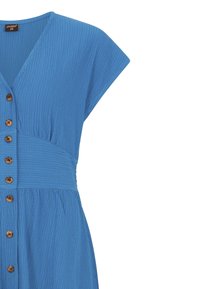 Modré textúrované šaty s krátkymi rukávmi, výstrihom do V, širokým pásom a hnedými gombíkmi na prednej strane, veľkosť označená ako S36.