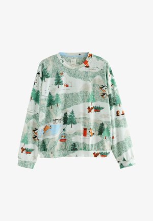 Pull-over bleu clair orné d'illustrations sur le thème de l'hiver, avec des arbres verts, de la neige et des animaux, fabriqué dans un tissu doux et texturé.