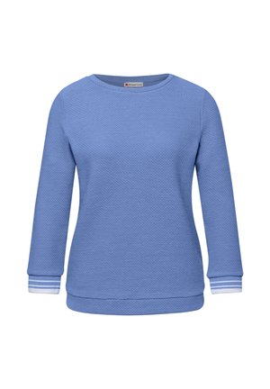 Suéter azul de punto texturizado de manga larga con cuello redondo y puños blancos que presentan dos franjas azul claro.