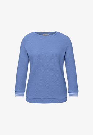 Blauer, langärmeliger, strukturierter Strickpullover mit Rundhalsausschnitt und weißen Bündchen mit zwei hellblauen Streifen.