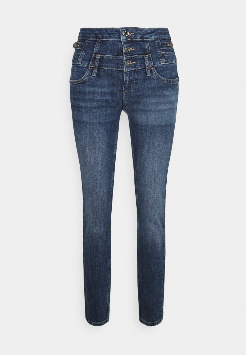 Jeans de denim azul ajustados con una cintura alta, que cuentan con cierre de tres botones, cinco bolsillos y un ligero desvanecimiento en las piernas.