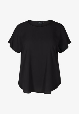 Juoda trumpa rankovėmis bluzonė su laisvu siluetu, apvaliu iškirpimu ir minkštu, glotniu tekstūru. Lengvas audinys švelniai krenta.