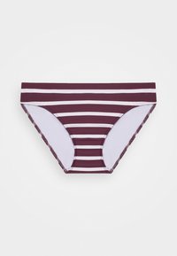Tamsiai burgundi spalvos bikini apačia su horizontaliomis baltomis juostelėmis. Ypatumai: be siūlų juosmuo ir lygus, tamprus audinys.