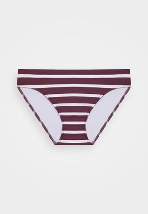 Bikini w ciemnym burgundzie z poziomymi białymi paskami. Posiada bezszwowy pas i gładki, elastyczny materiał.