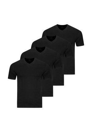 Quattro T-shirt nere a maniche corte con scollo a V disposte a pila sfalsata su uno sfondo bianco.