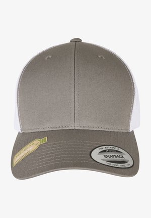 Casquette snapback avec un devant gris et un dos en maille blanche. Présente une visière plate et une étiquette indiquant des matériaux recyclés. Tissu texturé.