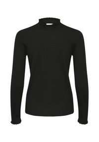 Svart långärmad tröja med hög volangkrage och volangärmar, tillverkad av ett mjukt material med en figurnära silhuett.