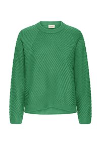 Pulover verde tricotat, cu un model în diamant, decolteu rotund, manșete și tiv cu model în relief. Materialul pare texturat și voluminos.