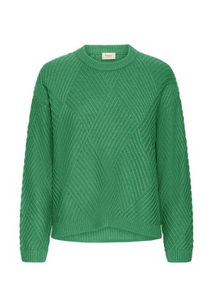 Zöld kötött pulóver, gyémántmintázattal, kerek nyakkivágással, bordázott mandzsettákkal és szegéllyel. Az anyag texturált és vastag hatású.