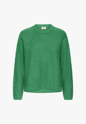 Zöld kötött pulóver, gyémántmintázattal, kerek nyakkivágással, bordázott mandzsettákkal és szegéllyel. Az anyag texturált és vastag hatású.