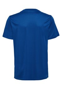 Blå atletisk tröja med korta ärmar, rund hals och slät, glänsande tyg. Inga synliga mönster eller detaljer. Bakvy visas.